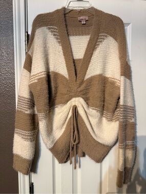 Drawstring V-Neck Sweater in Cream and Brown by Waffle Knit
